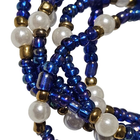 Blue Beaded Faux Pearl Bracelets Gold Accents Set of 6 Tied Silver Ribbon Gift - Picture 3 of 4